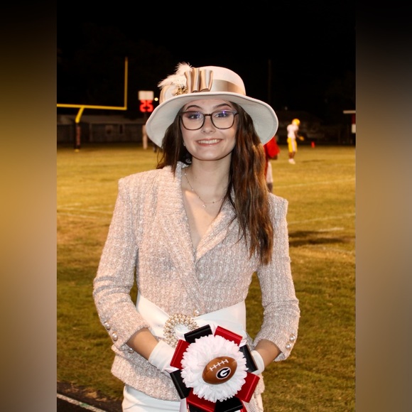 TWEED TAN WHITE HOMECOMING SUIT HAT DRESS GUC ALTERED PEARL BUTTONS WOOL HAT SM - Picture 12 of 12